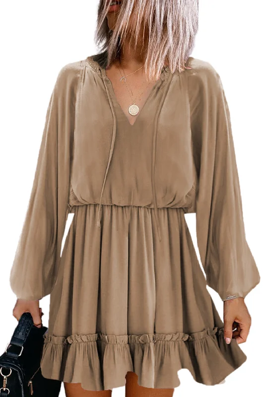 Khaki Bubble Sleeve Split Neck Ruffle Tunic Dress Tunics Winter warm