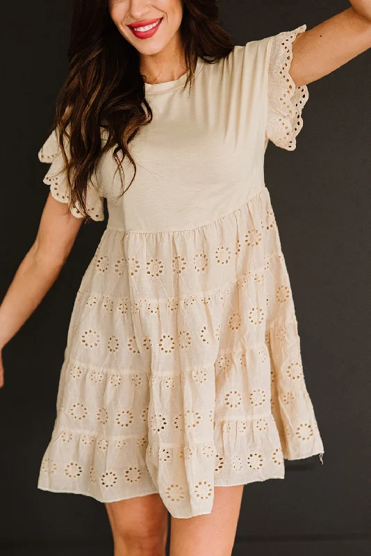 Khaki Eyelet Pattern Tiered Short Dress Tunics Solid Classic