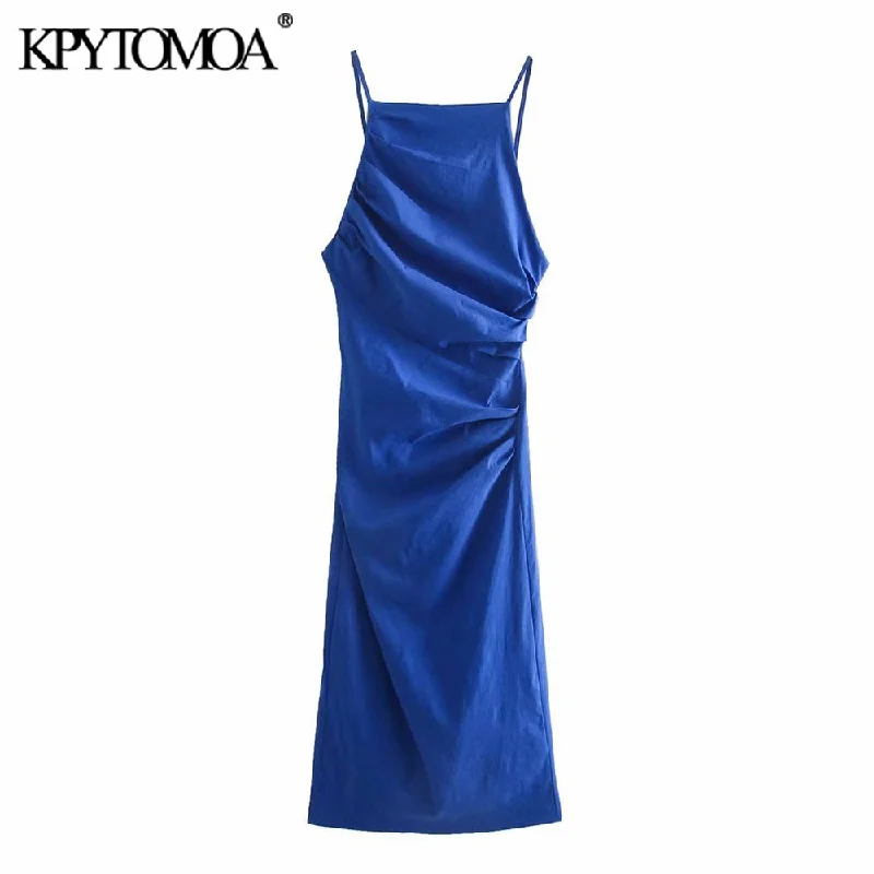 KPYTOMOA Women 2022 Chic  Pleated Fitted Midi Shift Dress Vintage Backless Zipper Thin Straps Female Dresses Mujer Crew Neckline Sporty