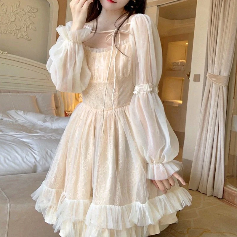 Zjkrl Lolita Kawaii Dress Women Casual Long Sleeve Vintage Y2k Mini Dress Female Japanese Style One Piece Dress Korean Autumn Tunics Solid Classic