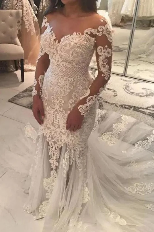 Long Sleeve Sparkly Mermaid V Neck Beads Wedding Dresses With Applique Tunics New arrival