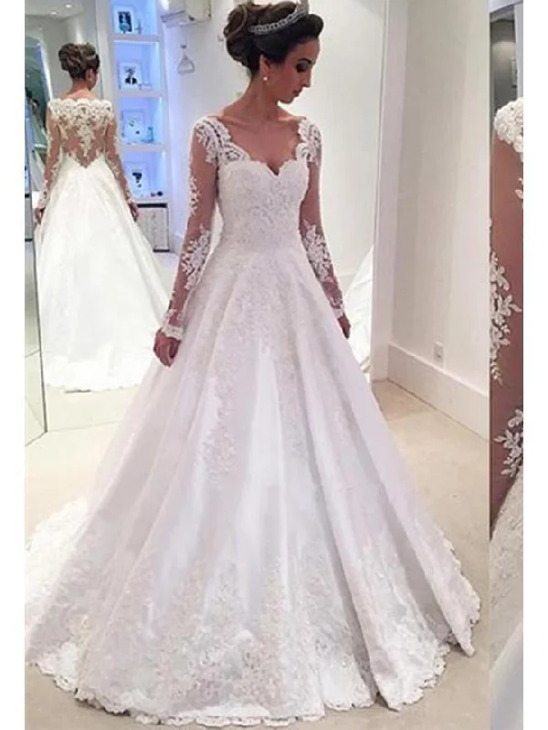 Long Sleeves A-line Lace Satin Wedding Dresses Crew Neckline Sporty