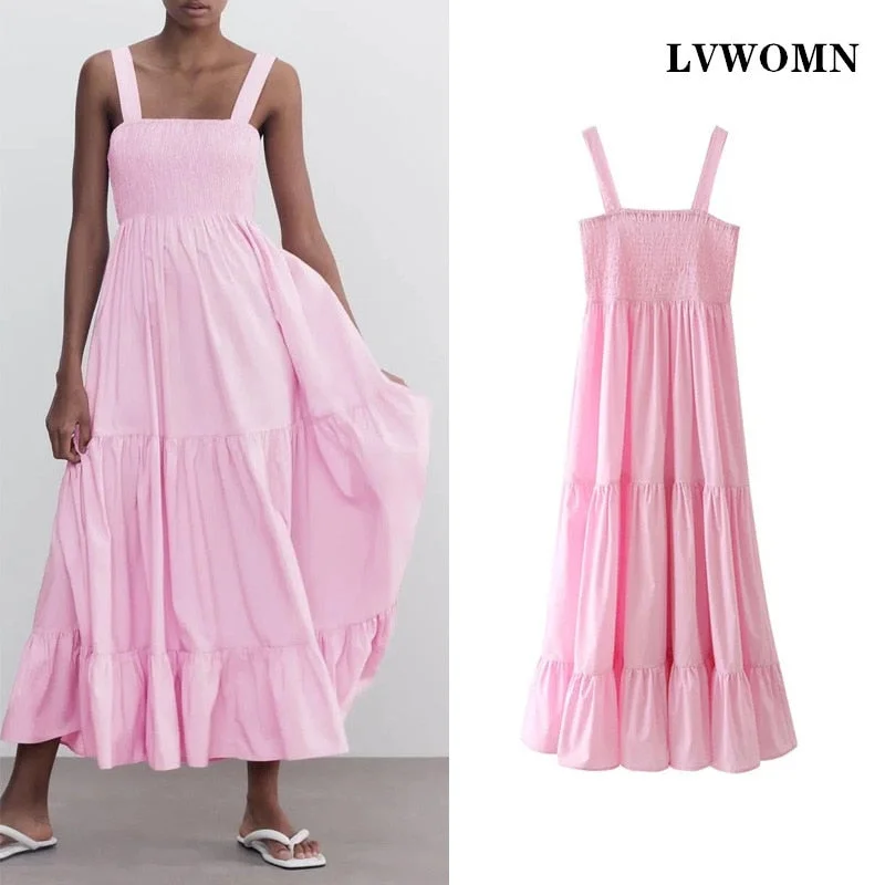 LVWOMN  Za Dress 2022 Summer Elegant Ruched Sleeveless Beach Midi Backless Dress Woman Pink Loose Pleated Long Casual Dresses Tunics Favorite customer