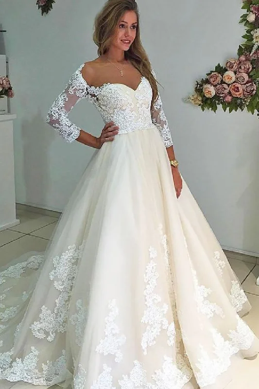 Modest Charming Bal Gown Lace Wedding Dresses With Sleeves Bridal Dresses Tunics Trendy modern