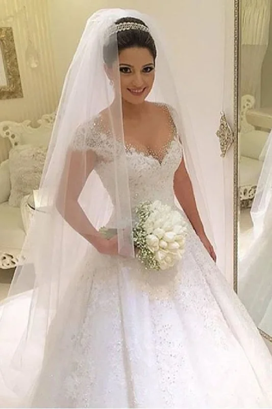 Modest Ivory Wedding Dresses Pretty Beading Wedding Gowns Bridal Dresses Elegant Long Evening