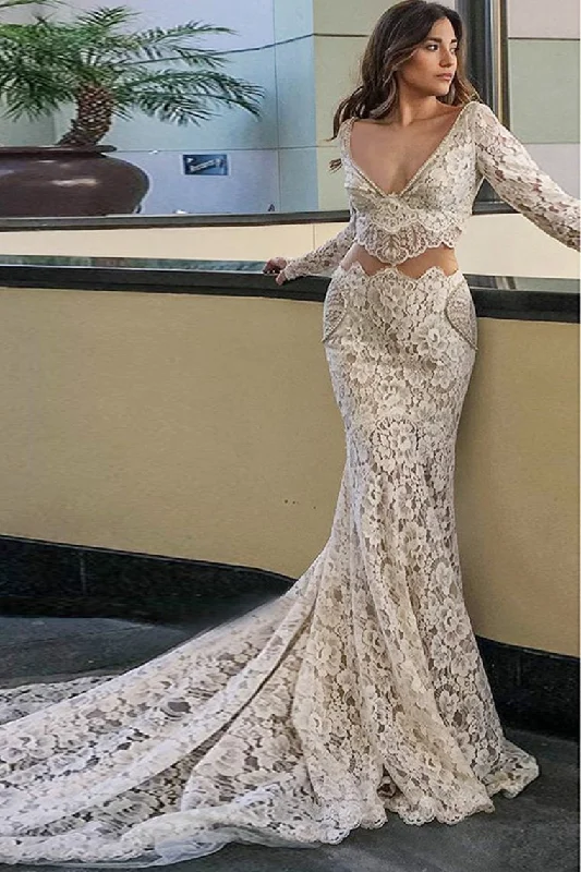 Modest Long Mermaid V-Neck Lace Long Sleeves Wedding Dresses Bridal Dresses Maxi Flowy Bohemian