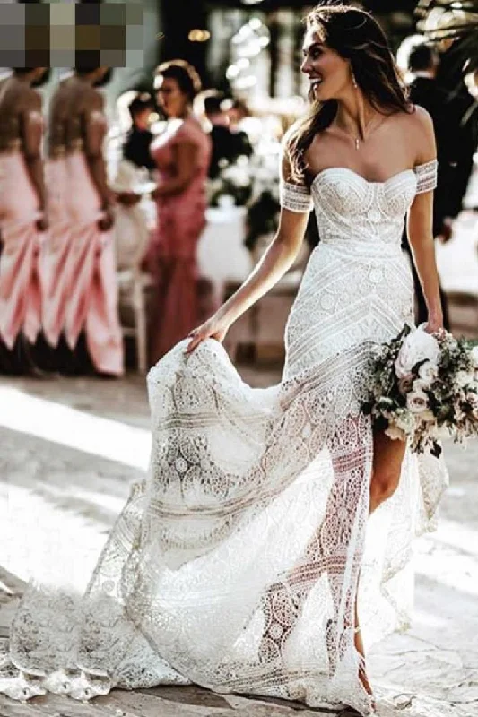 Modest Sweetheart Neck Lace Bridal Dress Beach Wedding Dresses, Sexy Boho Bridal Dress Shift Classic Vintage