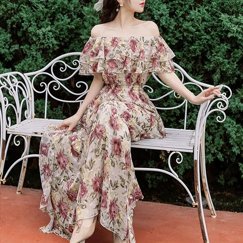 Off Shoulder Dress Summer 2022 Midi Vingtage Floral Dress Females Design Korean Style Elegant Casual Women's Dresses Party Fairy Tunics Trousers formal