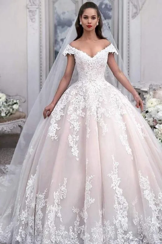 Off The Shoulder Ball Gown Tulle Wedding Dress With Appliques, Princess Bridal Dress Crew Neckline Casual