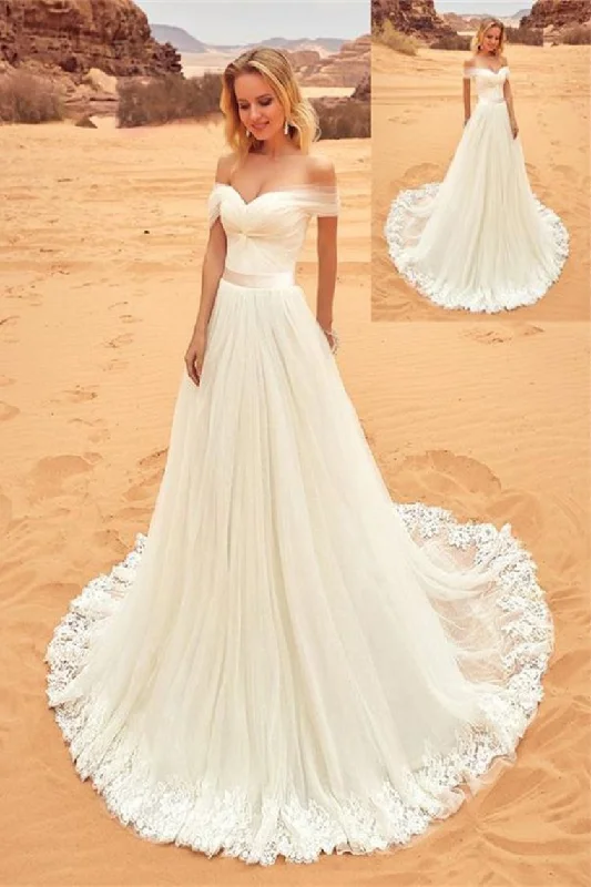 Off The Shoulder Long Elegant Ivory Lace Tulle Wedding Dresses Beach Wedding Dresses Tunics Print Colorful