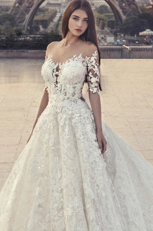 Pretty Half Sleeves Ivory Lace Ball Gown Wedding Dresses Modest Bridal Dresses Tunics Silk luxurious