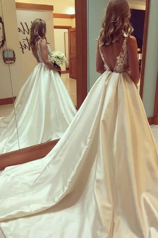 Pretty Open Back Long Lace Satin Elegant Wedding Dresses Tunics Distressed trendy