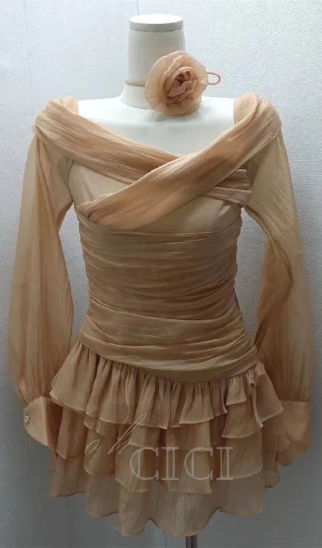 PUFF SLEEVE RUFFLE TRIM MESH CREP DRESS IN NUDE COLOR Tunics Lace romantic