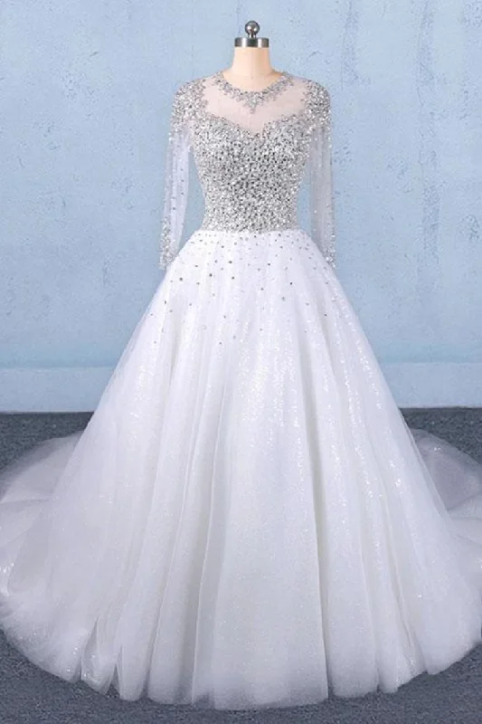 Puffy Long Sleeves Tulle White Wedding Dress, Shiny Long Bridal Dresses Tunics Evening elegant