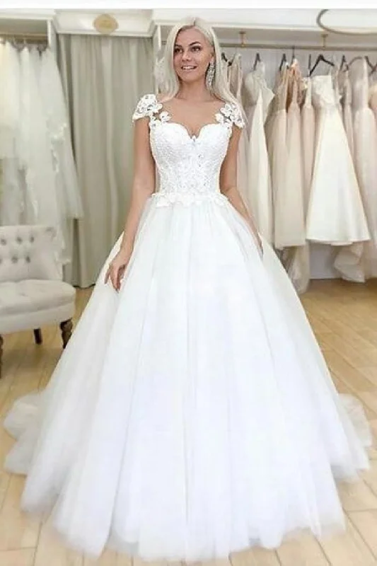 Retro Cap Sleeves Ball Gown Wedding Dress With Lace Top Tunics Ceremony elegant