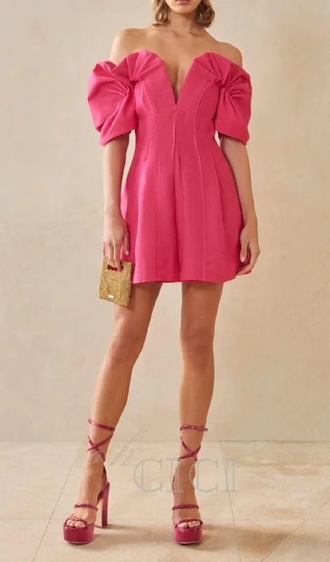 RUFFLED OFF-SHOULDER MINI SILK DRESS IN PINK Tunics Plaid country