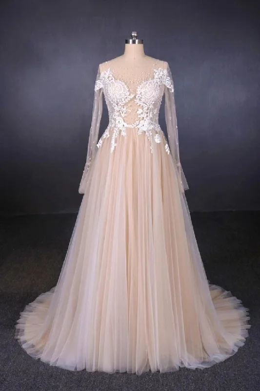 Sexy Sheer Neck Long Sleeves Tulle Wedding Dress, Charming Tulle Bridal Dress With Appliques Tunics Stylish elegant