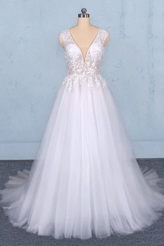 Sexy V Neck Tulle Wedding Dress With Lace Appliques, A Line Backless Bridal Dress Tunics Sophisticated sleek