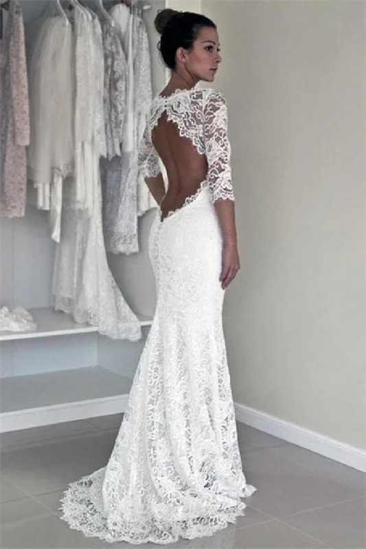 Sheath Long Mermaid Open Back Ivory Wedding Dresses With Sleeves Tunics Luxurious premium