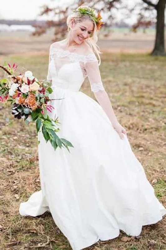 Simple Elegant Long A-Line Ivory Wedding Dresses With Sleeves Casual Short Summer