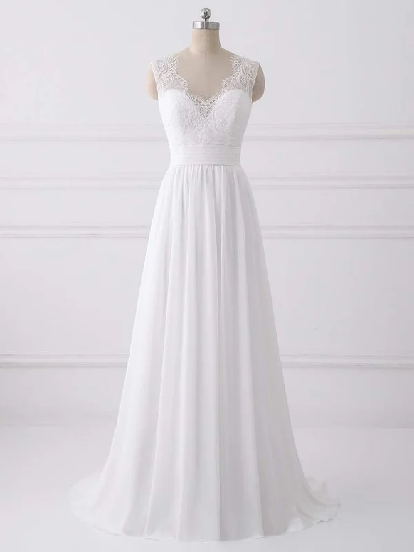 Simple Long A-line Lace Chiffon Wedding Dresses Tunics Long Elegant