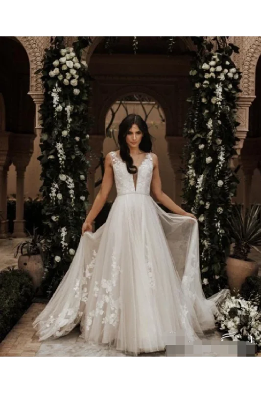 Sleeveless V-Neck & Rose Embroidery Full A-Line Wedding Dress Cowl Neckline Elegant