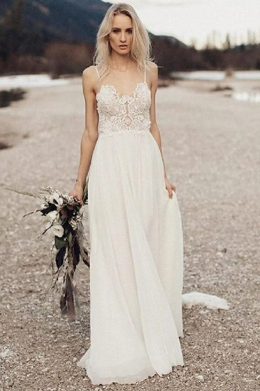 Spaghetti Straps Long Ivory Lace Chiffon Simple Elegant Beach Wedding Dresses Tunics Print Colorful