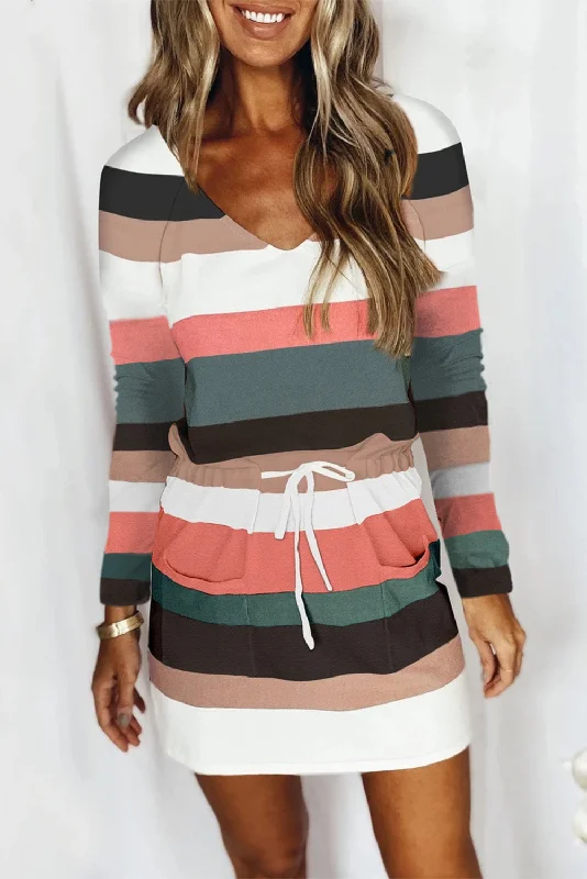 Stripe Print Colorblock Tie Waist Dress with Pocket Tunics Denim casual