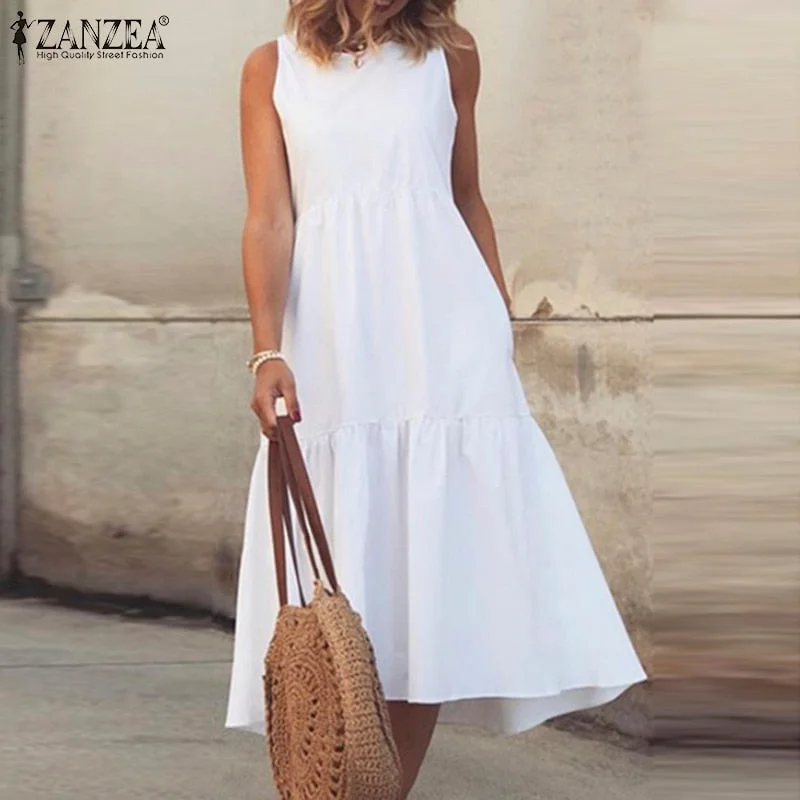 Summer Dress ZANZEA Women O Neck Sleeveless Solid Ruffles Sundress  Holiday Midi Vestidos Female Sarafans Tanks Dresses Tunics Silk luxurious