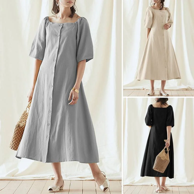 Summer Holiday Elegant Sundress ZANZEA Women Square Neck Buttons Robe Puff Sleeve Solid Vestidos Casual Midi Femme Boat Neckline Classic