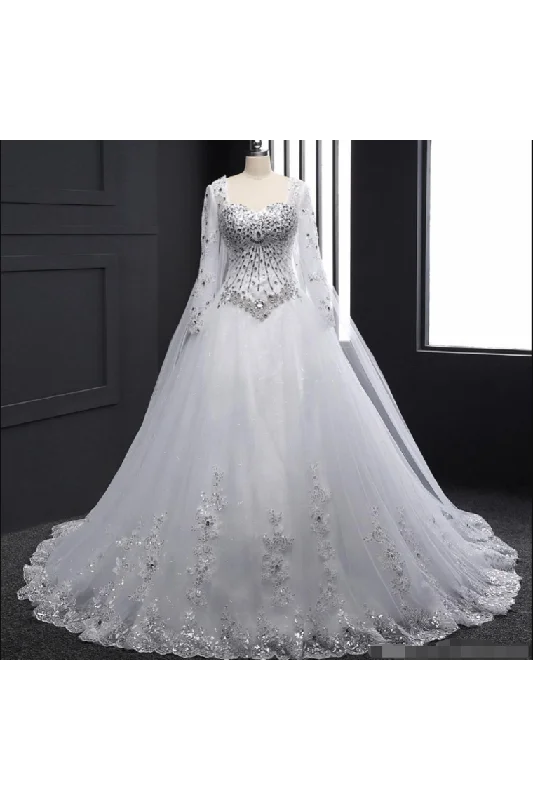 Sweetheart Wedding Dresses A Line With Beading Rhinestones Tulle Long Sleeves Chapel Train Tunics Modern contemporary