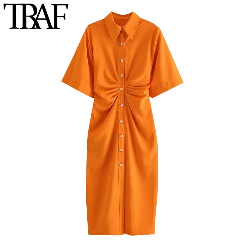 TRAF Women Chic  Button-up Draped Midi Shirt Dress Vintage Short Sleeve Side Zipper Female Dresses Vestidos Tunics Corduroy durable