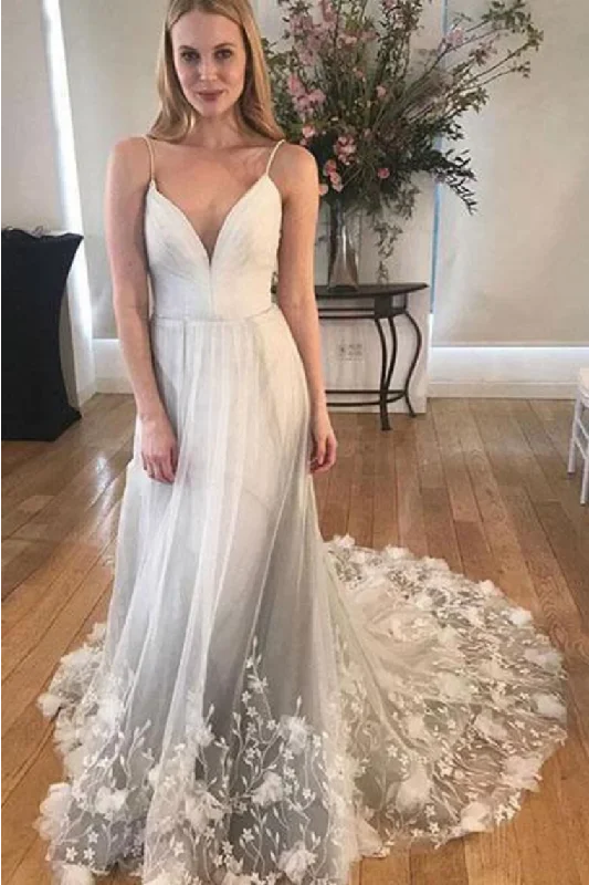 Unique Spaghetti Strap Long Cheap Tulle Prom/Wedding Dresses With Applique Tunics Sophisticated sleek