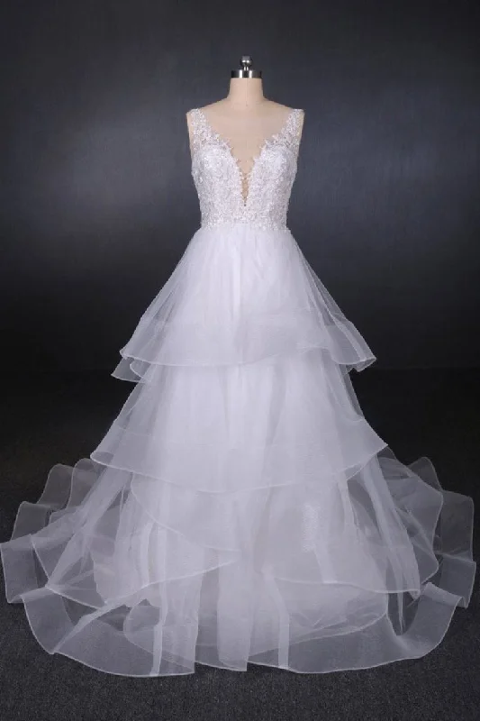 Unique V Neck Sleeveless Tulle Wedding Dresses, Asymmetrical Long Bridal Dresses Tunics Cozy comfortable