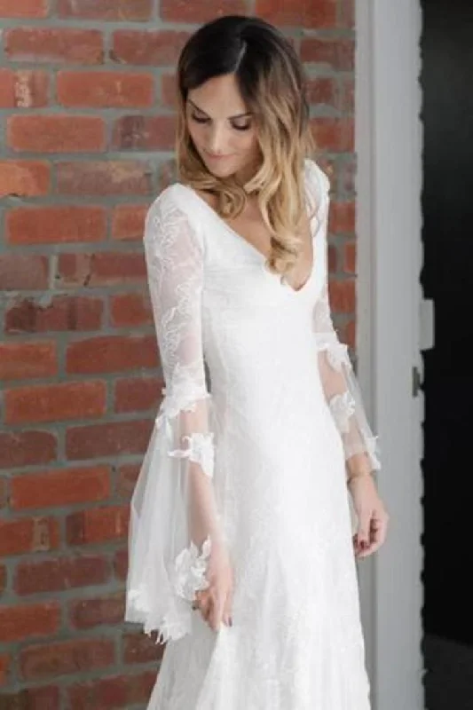 V Neck Beach Wedding Dress With Long Sleeves Unique Lace Wedding Dresses Tunics Sophisticated sleek