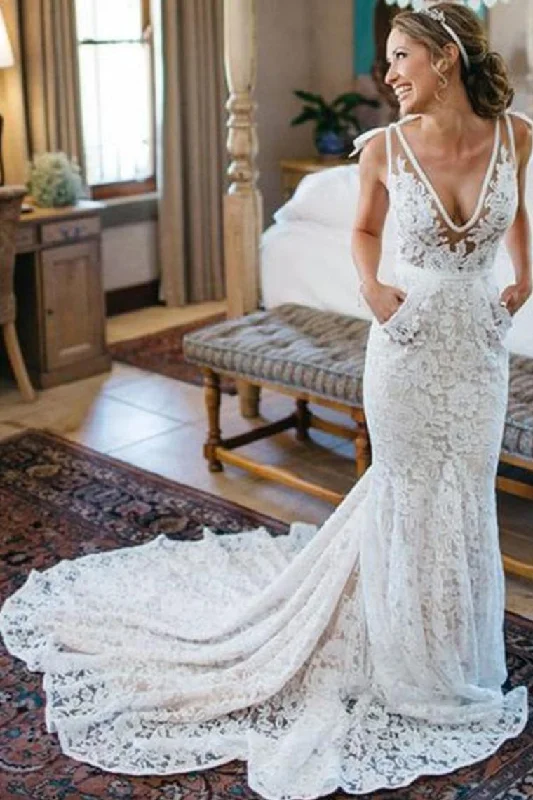 V-Neck Ivory Lace Long Mermaid Elegant Wedding Dresses Wedding Gowns Tunics Versatile all-occasion