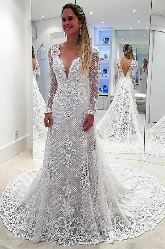 V-Neck Long Sleeves Mermaid Open Back Sheath Lace Modest Wedding Dresses Tunics Stylish elegant