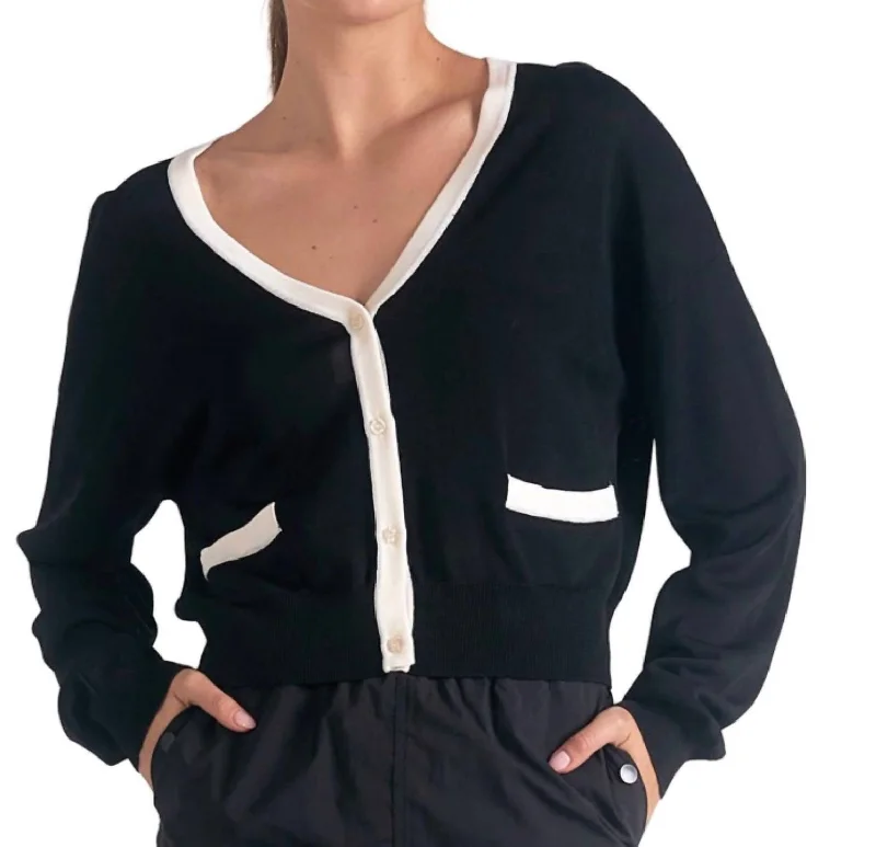 Accent Trimmed Cardigan In Black/white Terry Blend Velvet Blend Canvas Blend