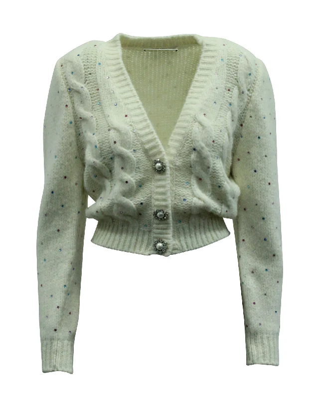 Alessandra Rich Crystal Embellished Cardigan in White Wool Toggled Drawstring Belted