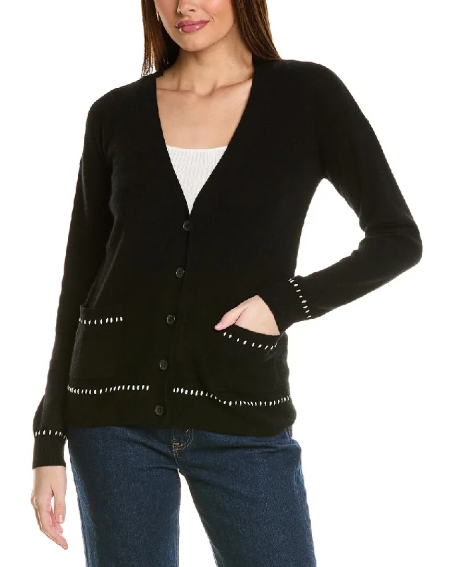 Amicale Cashmere Whipstitch V-Neck Cashmere Cardigan Elegant Classic Vintage