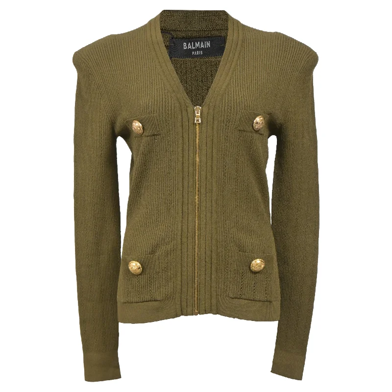 Balmain Zip Cardigan in Olive Green Wool Print Jacquard Patchwork