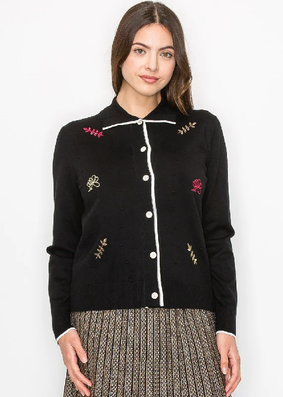 Black Buttoned Cardigan with Floral Accents Spandex Rayon Corduroy