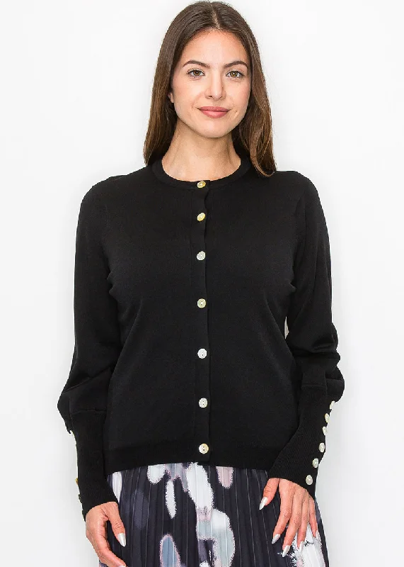 Black Knit Cardigan with Stylish Sleeve Details Stretchy Elastic Breathable