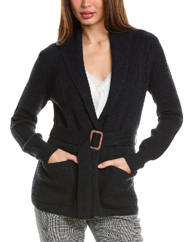 Bruno Magli Ribbed Belted Shawl Wool Cardigan Zippered Front Buttoned Front Snap Front