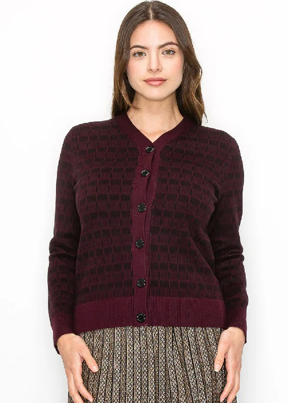 Burgundy and Black Check Knit Cardigan Button Cardigan Zip Cardigan Pullover Cardigan