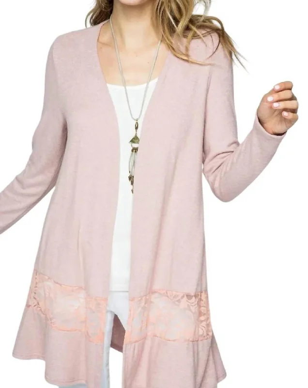 Cardigan With Lace Detail In Mauve Fleece Cardigan Nylon Polyester