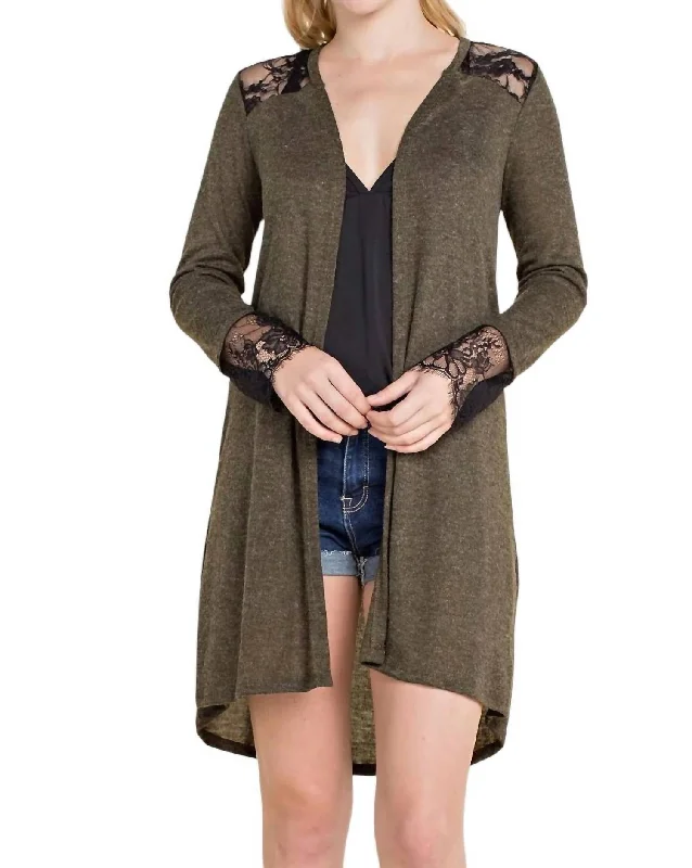 Cardigan With Lace Detail In Olive Lightweight Heavyweight Midweight