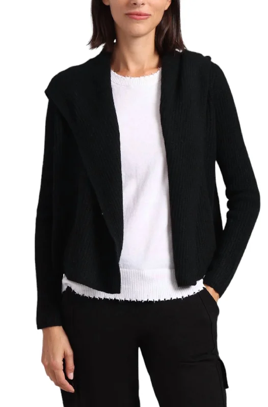 Cashmere 5Gg Shaker Hooded Flyaway Cardigan In Black Houndstooth Herringbone Solid