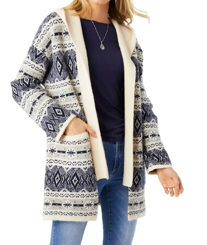 Chantal Hooded Cardigan In Navy/winter White Striped Floral Plaid