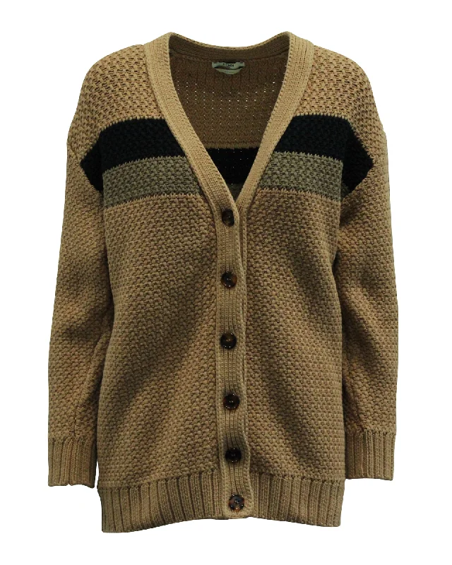 Fendi Chunky Stripe Boyfriend Cardigan in Brown Cotton Hooded Caped Shawl Collar